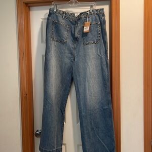 Reformation Cary Stretch High Rise Wide Leg jean, studded pocket, Size 34. NWT.